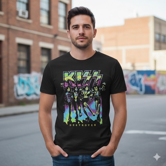 Kiss Other - KISS Destroyer Band T-Shirt Mens Medium‎ Black Neon Graphic Mad Engine 2023 Rock
